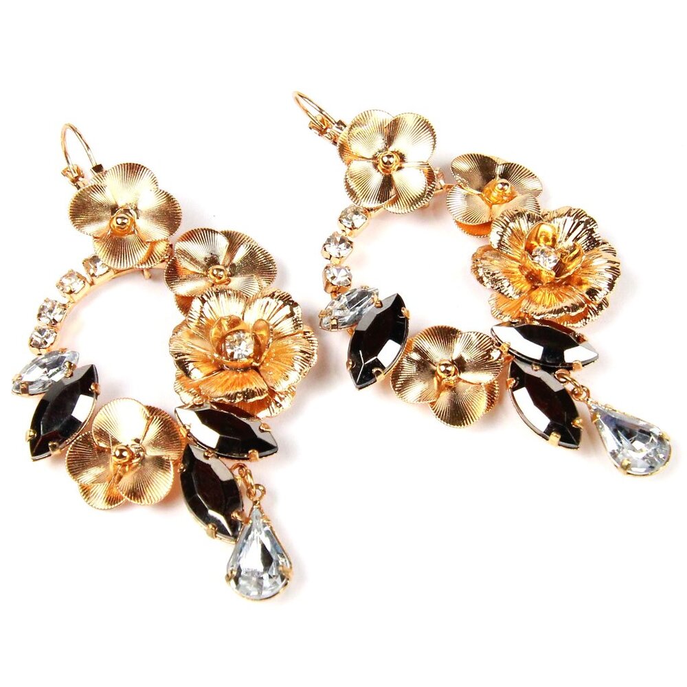 Gold Tone Earrings with Clear and Black Rhinestones